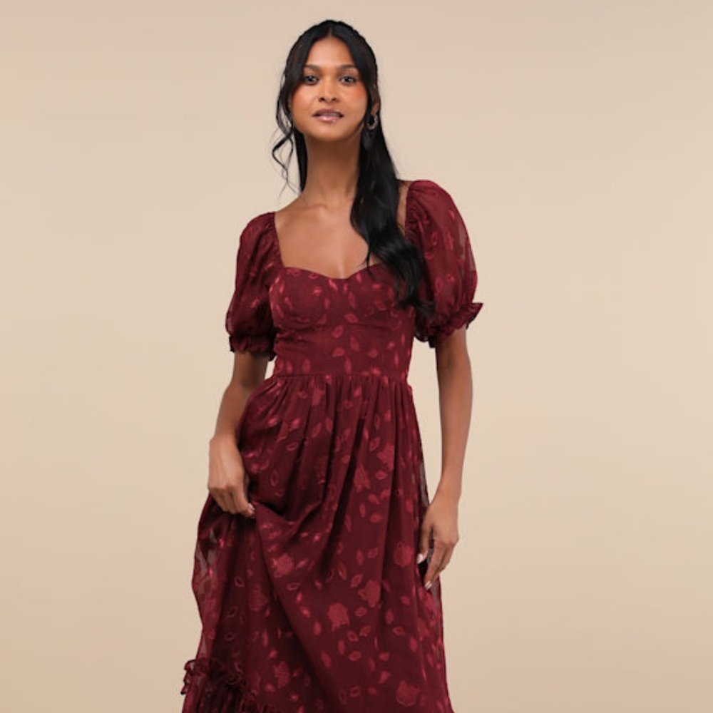 Lulus Phenomenal Sweetness Burgundy Floral Burnout Bustier Maxi Dress Red